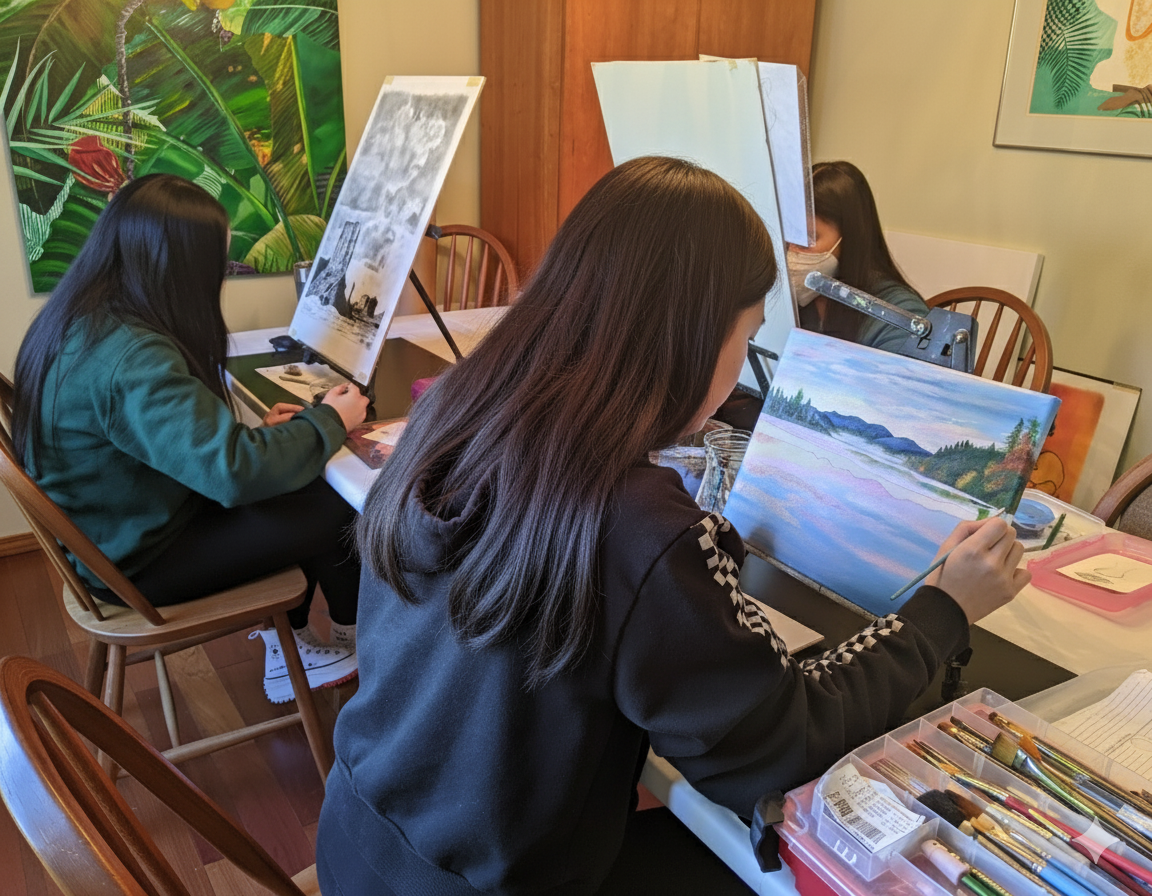 Xintong painting at a desk