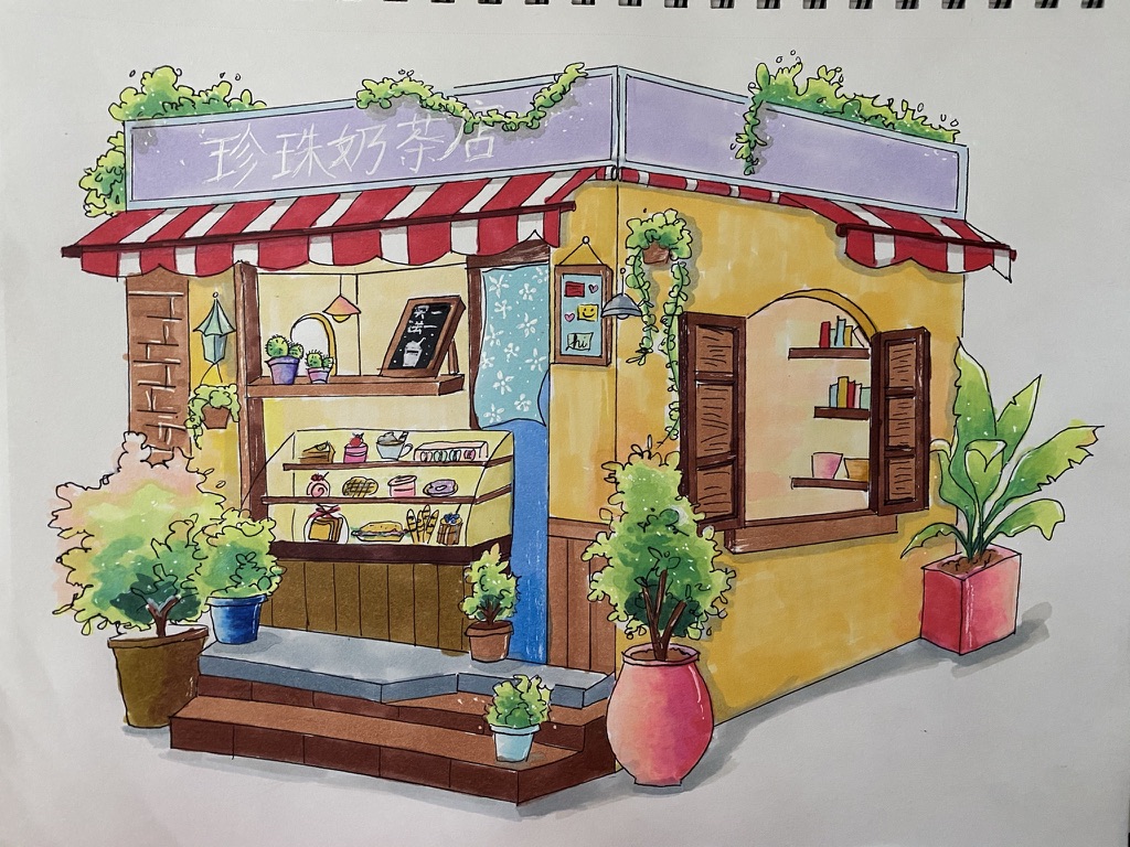 Marker illustration of a bubble tea shop storefront