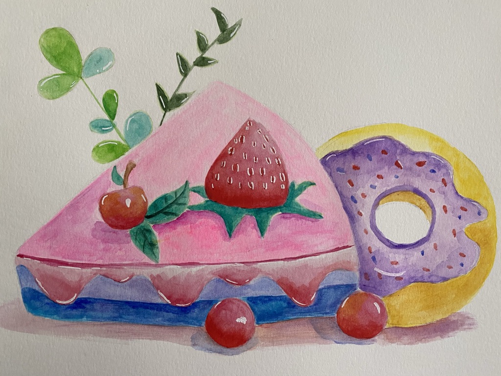 Watercolor painting of a strawberry cake slice and a donut