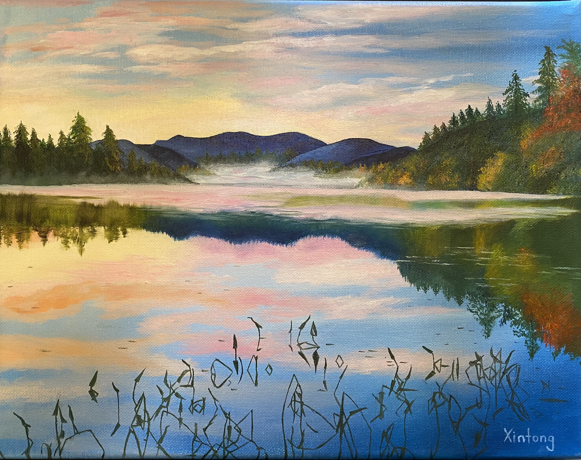 Oil painting of a misty lake at sunrise with mountains