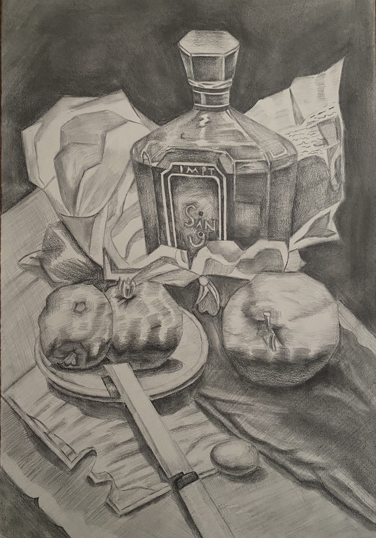 Pencil sketch of a perfume bottle still life with apples