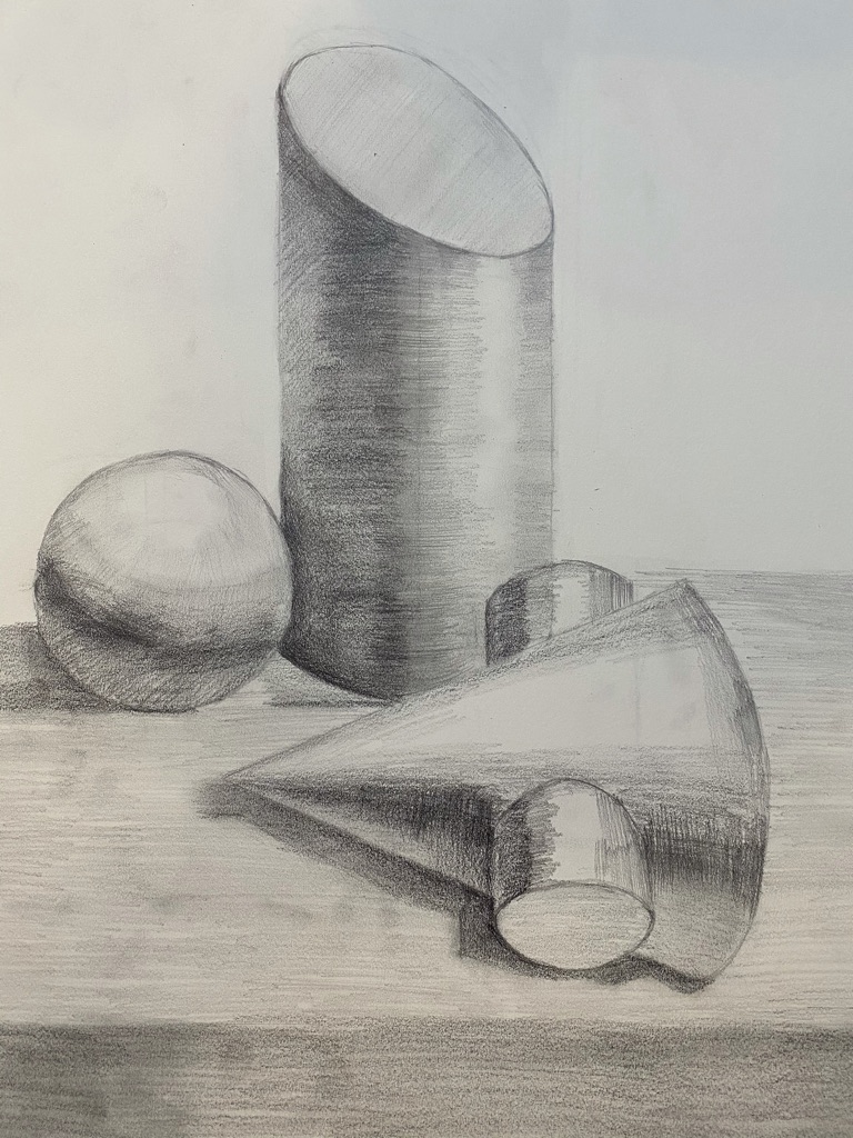 Pencil sketch of geometric still life shapes
