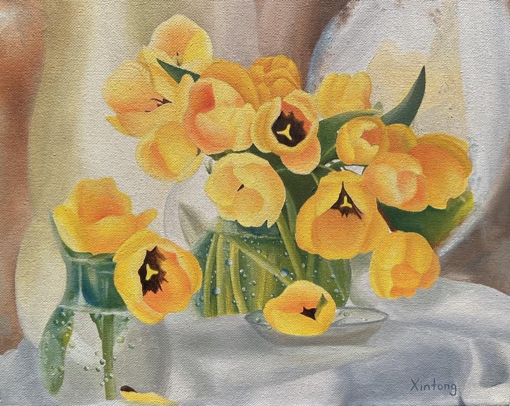 Oil painting of yellow tulips in a glass vase