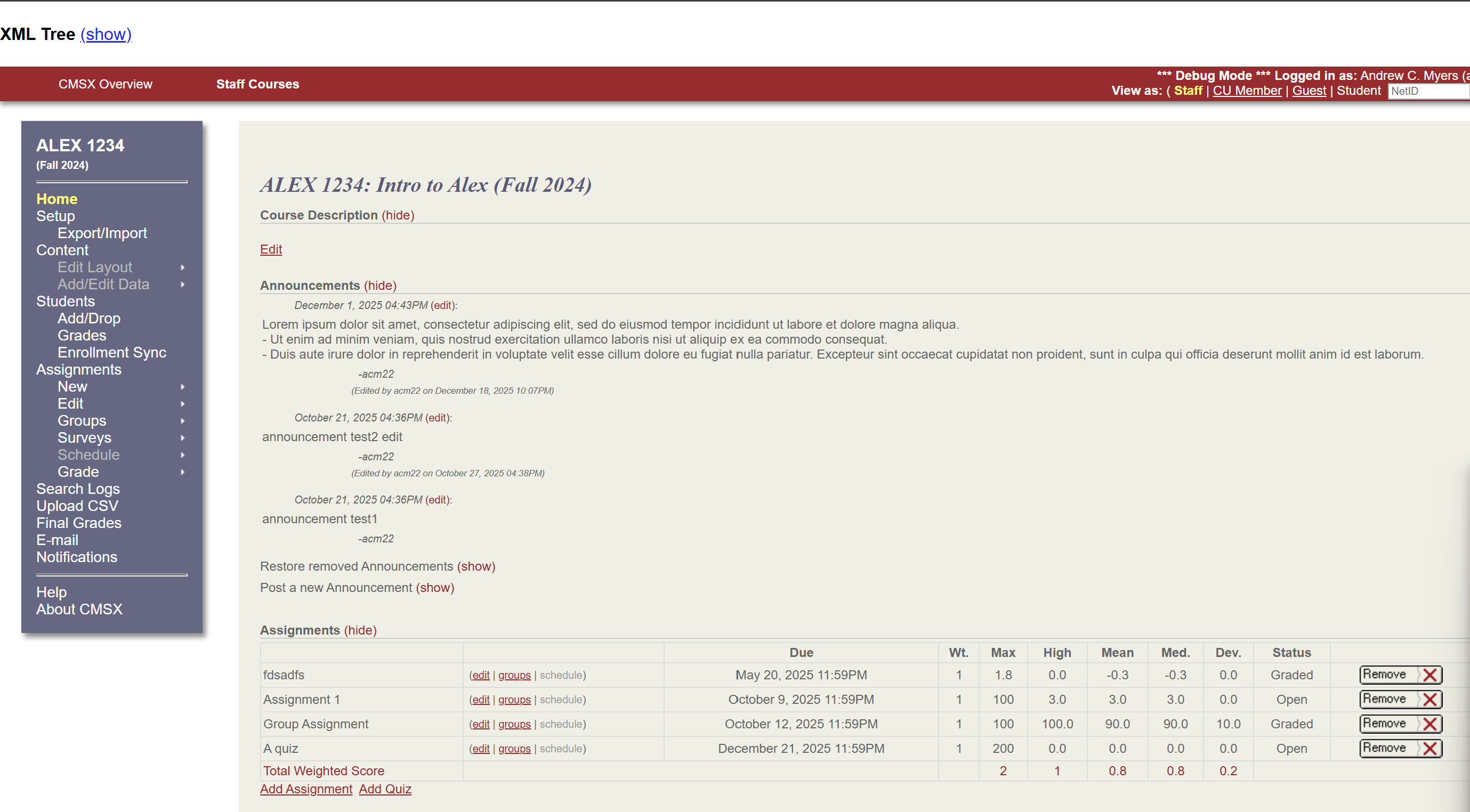 CMSX's old course management interface before the redesign