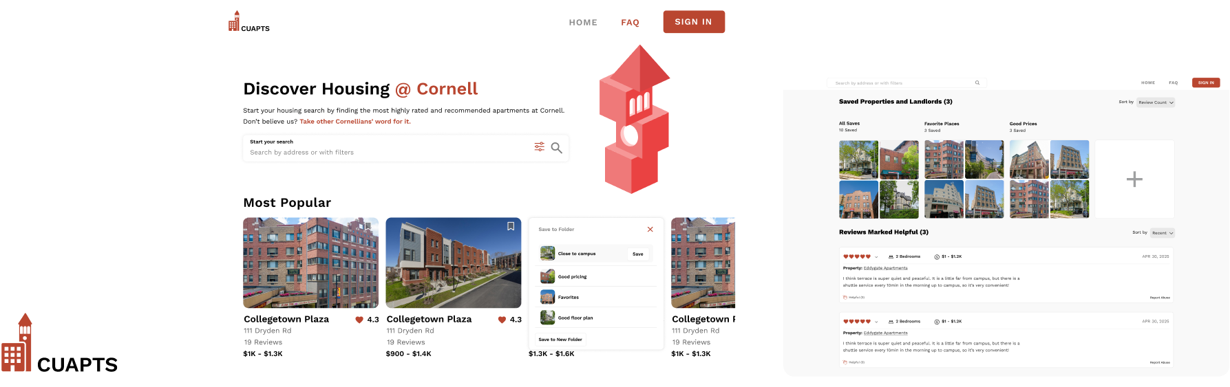 CUApts website homepage and saved folders page, with the CUApts logo