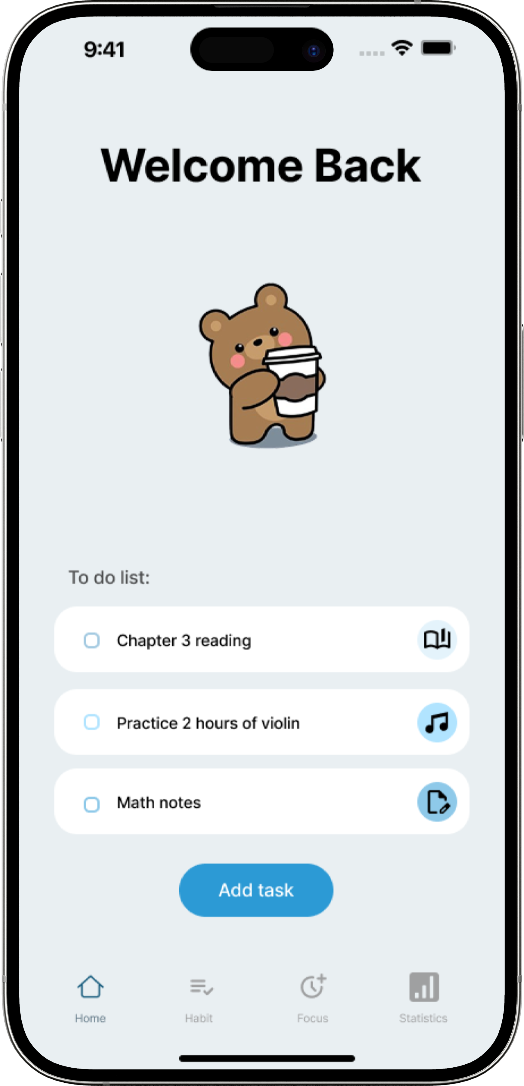 Focusflow welcome screen with to-do list
