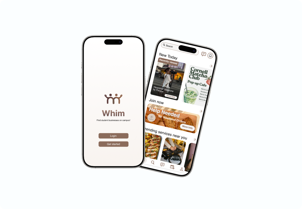 Whim app mockup showing two phone screens