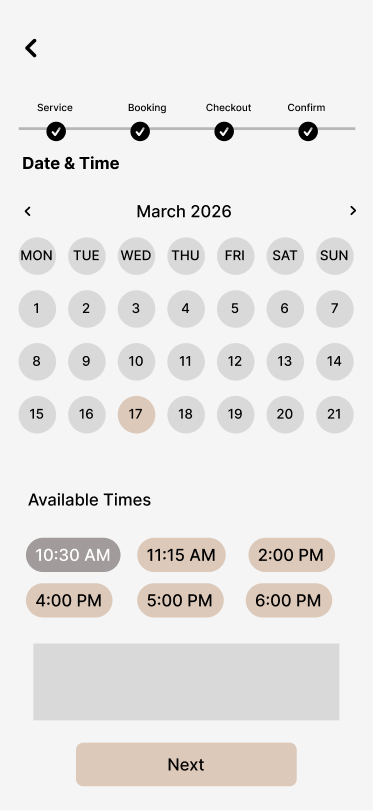 Calendar-based bookings wireframe