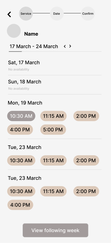 List-based bookings wireframe
