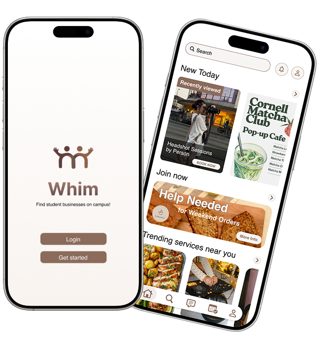 Whim login screen and home feed showing trending student services
